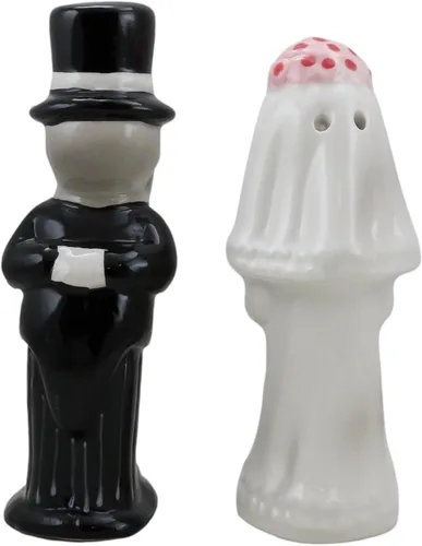 Miniatura 4 de Ebros Gift Juego de saleros y pimenteros de esqueleto para pareja, boda, novia y novio, calaveras de cerámica, esqueletos, cocina, comedor, bar