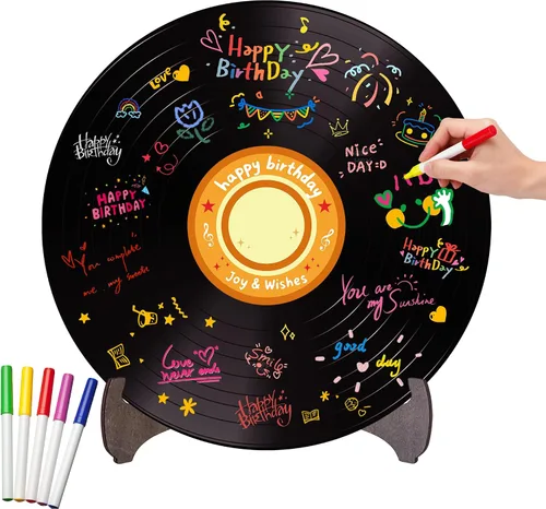 Miniatura 9 de Holkcog Disco de vinilo para decoración de cumpleaños, letrero de arte de graffiti con soporte, libro de invitados de feliz cumpleaños para hombres
