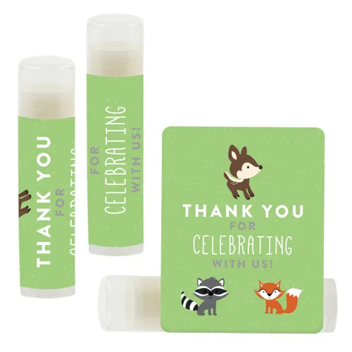 Andaz Press Bálsamo labial para fiesta de cumpleaños, agradecimiento por celebrarnos con nosotros, animales del bosque, zorro y ciervo, paquete de