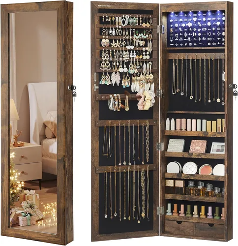 Miniatura 36 de Songmics - UJJC93W - Armario para joyas que se puede cerrar con llave, de montaje en pared o puerta, con espejo de 6 luces LED, para organización