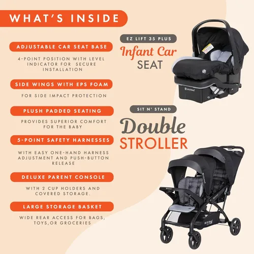 Miniatura 4 de Baby Trend Cochecito de bebé y niño pequeño doble y asiento de coche combo, juego de 2 piezas, Stormy - Cochecito de viaje ligero y compacto