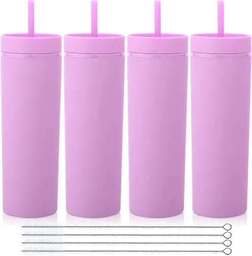 Miniatura 11 de Volhoply Paquete a granel de 4 vasos delgados de plástico de 20 onzas, vaso de doble pared con tapa y popote, taza reutilizable de viaje para café