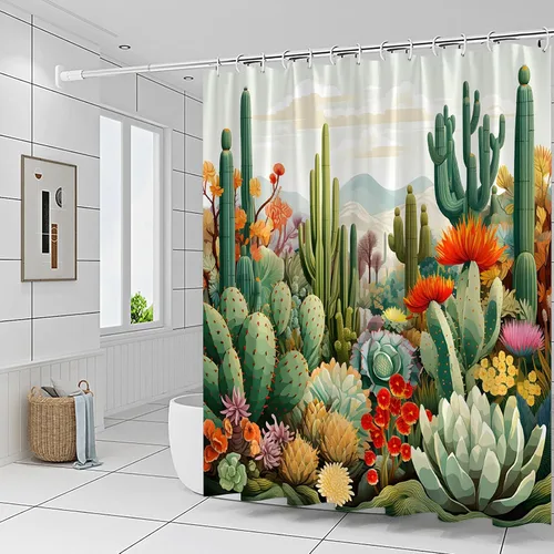 Miniatura 4 de Cortinas de ducha de cactus con plantas tropicales y flores, flores suculentas, desierto, montaña, paisaje, decoración de baño, cortinas de tela