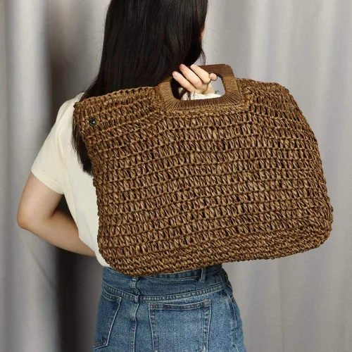 Miniatura 6 de Bolsa de mano para mujer, hecha de paja tejida a mano, grande, informal, con bolsillos con forro para uso diario, viajes, ir a la playa, etc.