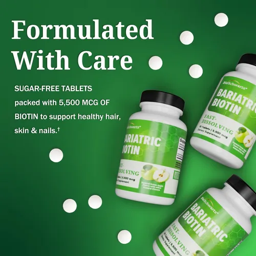 Miniatura 6 de BioSchwartz Bariatric - Tabletas masticables de biotina – 5500 mcg de biotina por porción – Sabor a manzana verde, suministro de 3 meses – Vitaminas