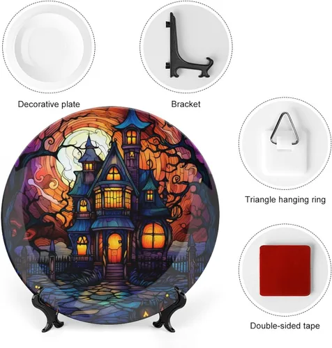 Miniatura 3 de Platos decorativos, diseño de casa embrujada de Halloween, plato de cerámica con soporte de exhibición, decoración para colgar en la pared