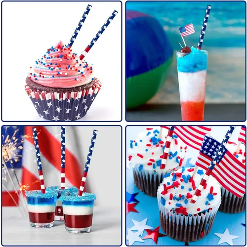 Miniatura 3 de AnyDesign 200 pajitas de papel patrióticas impresas con la bandera estadounidense del 250 aniversario, pajitas desechables para el 4 de julio