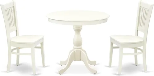 East West Furniture AMVA3-LWH-W - Juego de mesa de cocina de 3 piezas para espacios pequeños contiene una mesa de comedor redonda con pedestal y 2