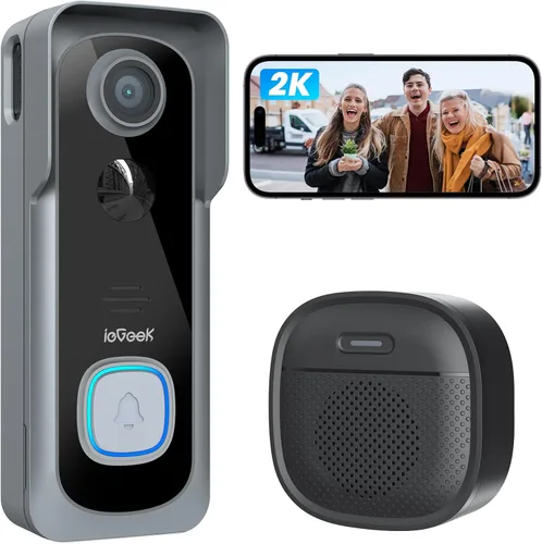 ieGeek Timbre de puerta inalámbrico sin suscripción, visión ultra amplia HD 2K, detección de movimiento PIR conversación de 2 vías, timbre de video