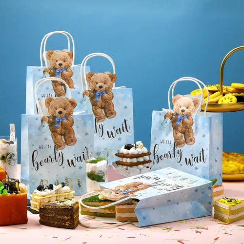 Miniatura 2 de Tinlade - 16 bolsas de regalo de oso para baby shower, We Can Bearly Wait, bolsas de regalos con asas, para baby shower, regalos para recién Azul