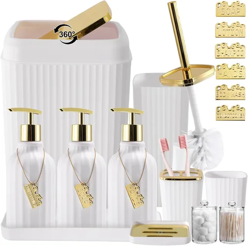 Miniatura 9 de 21PCS Bathroom Sets with Shower Curtain and Rugs Bathroom Accessories Set Beige Bathroom Set Complete with Trash Can, Toilet Brush, Qtip Holder &