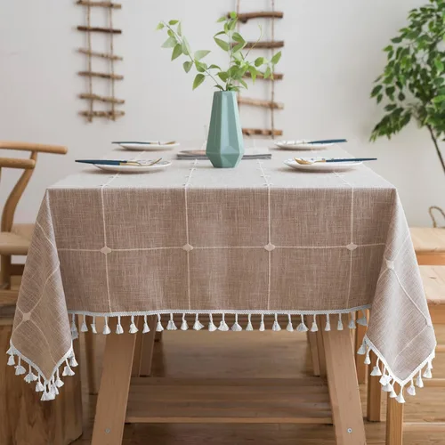 Miniatura 14 de Oubonun Mantel rectangular de lino de algodón, resistente a las arrugas y resistente al agua, lavable a máquina con borlas para cocina y comedor, 55