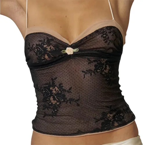 Miniatura 4 de RUEWEY Camiseta sin mangas con estampado floral para mujer, con ribete de encaje, lazo frontal, ajustada