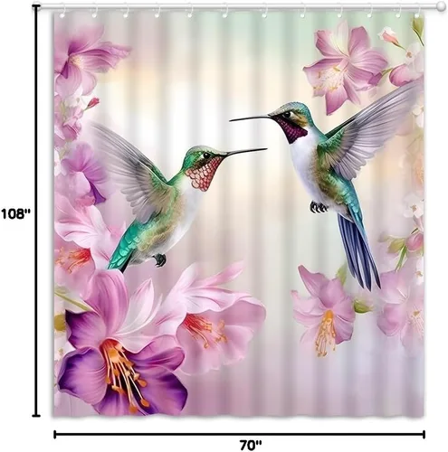 Miniatura 7 de Cortina de ducha floral de colibrí, acuarela, rosa, morado, jardín, naturaleza, paisaje, baño, decoración, juego de cortinas con ganchos