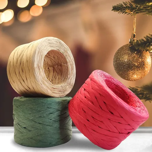 Miniatura 3 de 3 Rollos de Cinta de Rafia Roja y Verde Kraft de 1/4" por 150 Metros, 50 Metros Cada Rollo, Cordel de Papel de Embalaje para Navidad