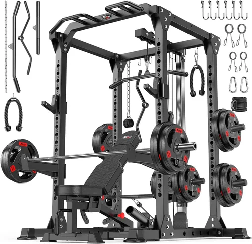Miniatura 22 de Power Cage - Rack de Potencia Multifunción con Sistema de Cruce de Cables, Rack para Sentadillas de Capacidad de 1800 LBS con Banco de Pesas