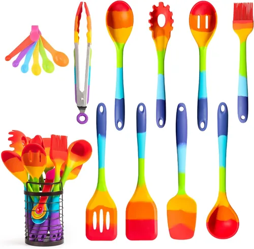 Miniatura 8 de Juego de espátulas de silicona arcoíris de 9 piezas con pinzas, utensilios de cocina multicolores resistentes al calor para utensilios de cocina