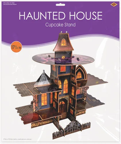 Miniatura 6 de Beistle Haunted House - Soporte para cupcakes, torre gótica de 3 niveles de exhibición de postres de Halloween con diseño de mansión espeluznante