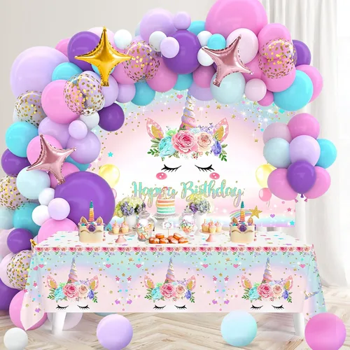 Decoraciones de cumpleaños de unicornio para niñas, 118 piezas, suministros de fiesta temática de unicornio con kit de arco de guirnalda de globos,