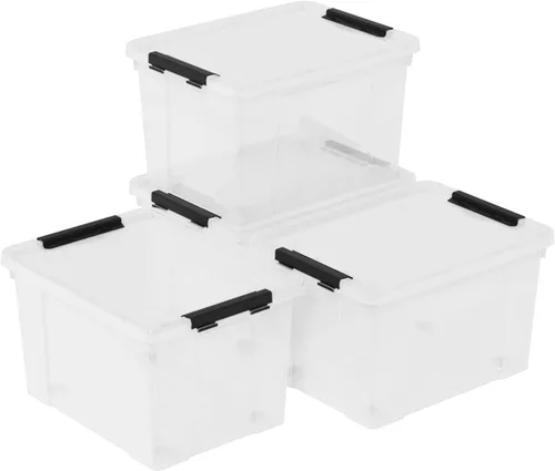 Miniatura 8 de Juego de 4 contenedores de almacenamiento de plástico con ruedas, 23 L con pestillo transparente con tapas apilables