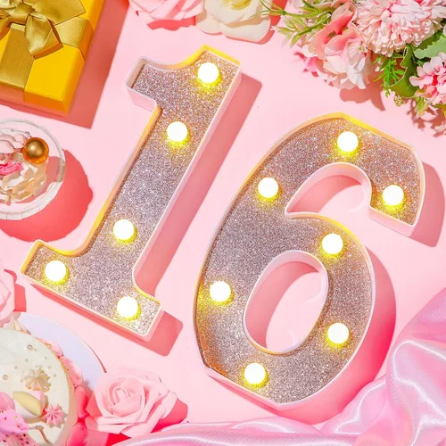 Miniatura 2 de Treela Números LED iluminados decorativos de 8.7'' para cumpleaños, letrero de números de marquesina de purpurina para decoración de fiesta de Oro