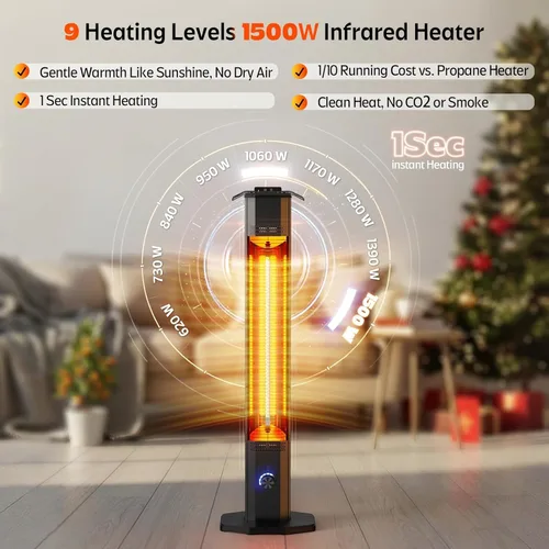 Miniatura 3 de Calentador eléctrico para patio al aire libre, calentador de torre infrarrojo de 42 pulgadas de 1500 W con 9 ajustes de calor y temporizador de 9