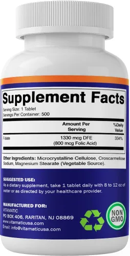 Miniatura 8 de Vitamatic Ácido fólico 800 mcg - 500 Tabletas Vegetarianas - Vitamina B9