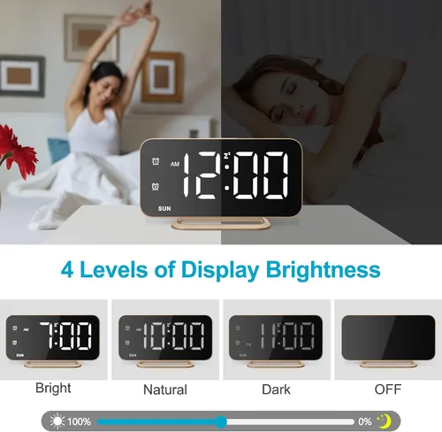 Miniatura 7 de Reloj de alarma digital LED delgado, superficie de espejo para maquillaje, con atenuación, pantalla grande, configuración fácil, puertos USB