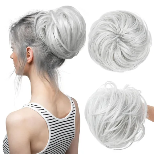 Miniatura 29 de CJL HAIR - Extensión de cabello tipo coletero de chongo desordenado, rizado, sintético, con colas rectas, scrunchies para peinados de moño