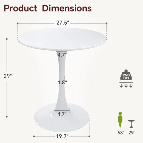 Miniatura 2 de Mesa de comedor redonda de tulipán blanco de 27.5 pulgadas para espacio pequeño, mesa de cocina moderna con base de pedestal para 2-4 personas
