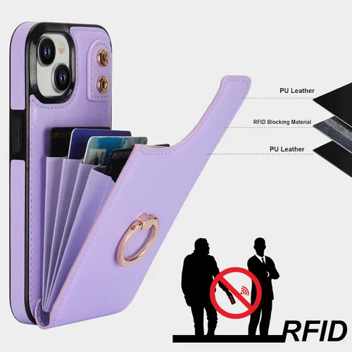Miniatura 5 de Folosu Compatible con iPhone 15 Funda cartera con tarjetero con rotación de 360°, soporte de anillo de dedo con función atril, bloqueo RFID