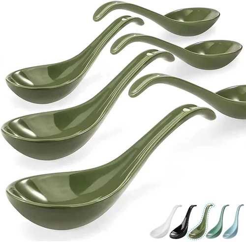 Miniatura 8 de Artena Juego de 6 cucharas de sopa asiática de 6.75 pulgadas, cuchara de sopa japonesa de porcelana ultrafina, cucharas de ramen negras para fideos