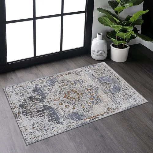 Miniatura 19 de NAAR PAYAS Collection - Alfombra de área de 6 x 9 pies, diseño de medallón crema y azul, no se desprende, resistente a las manchas, para sala