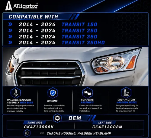 Miniatura 2 de ALLIGATOR AUTO LIGHTS Conjunto de faros delanteros compatible con Ford Transit 2014-2024 150 250 350, faros halógenos conformes a DOT/SAE