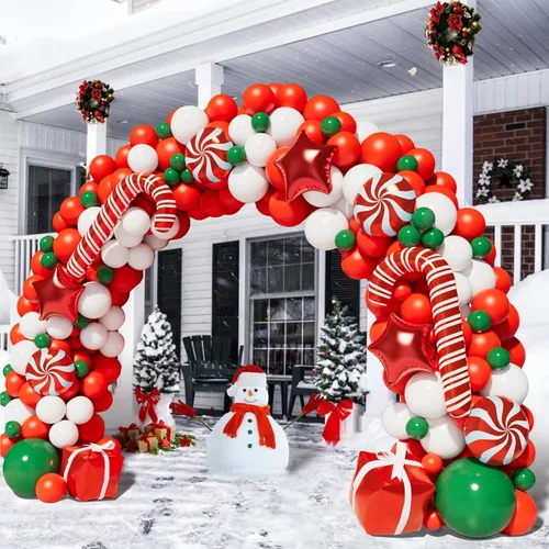 Kit de arco de guirnalda de globos de Navidad con globos de caramelo rojo y blanco de Navidad, caja de regalo, globos de estrella roja para