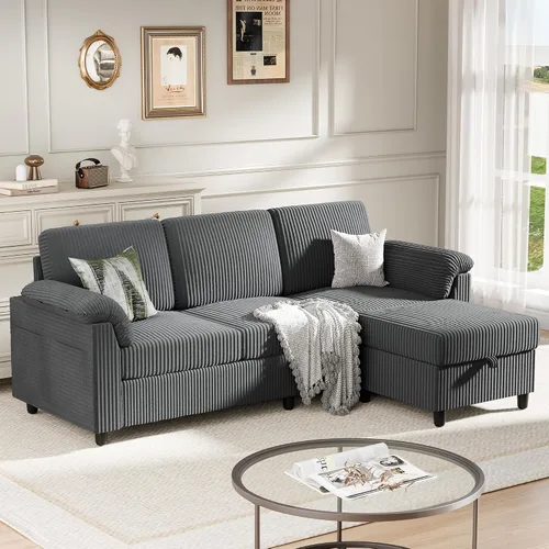 Sofás seccionales para sala de estar, sofá en forma de L con bolsillo lateral de almacenamiento, cómodos sofás de 3 asientos para apartamento, gris