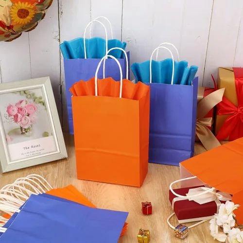 Miniatura 7 de Fumete Paquete de 24 bolsas de regalo de papel kraft con papel de pañuelo, coloridas bolsas de recuerdo de fiesta con asas para fiesta de guerra