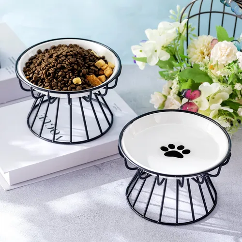Miniatura 6 de Roshtia 4 juegos de cuencos elevados de cerámica para gatos con soporte de metal, platos aptos para lavavajillas, platos elevados antideslizantes