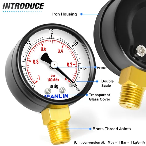 Miniatura 4 de MEANLIN MEASURE - Vacuómetro de vacío seco de -30inHG~0Psi, esfera con cara de 2 pulgadas, 1/4" NPT WOG para prueba de presión de agua, aceite