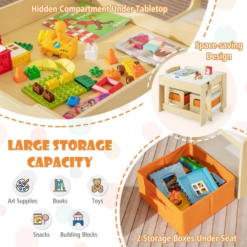 Miniatura 6 de HONEY JOY Mesa y sillas para niños, juego de actividades de madera 3 en 1 con almacenamiento, mesa desmontable, para arte, manualidades, dibujo
