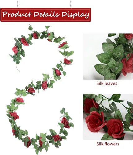 Miniatura 7 de Syhood Guirnalda de rosas artificiales, enredaderas y hojas, pancartas colgantes, guirnalda floral falsa para ceremonia de arco de boda, hogar, Rojo