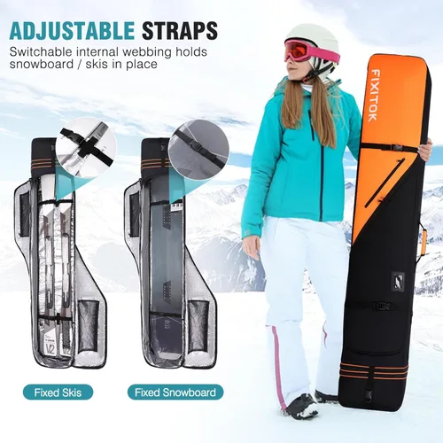 Miniatura 4 de FIXITOK Bolsa de snowboard y esquí para viajes aéreos, bolsa de snowboard acolchada completa impermeable que se ajusta a tabla, botas, ropa, casco