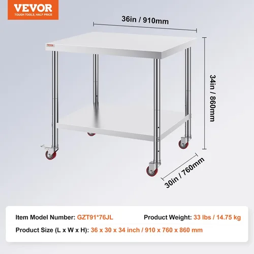 Miniatura 7 de Vevor Mesa de trabajo de acero inoxidable con ruedas de 24 x 12 x 32 pulgadas, mesa de preparación con 4 ruedas, mesa de trabajo resistente