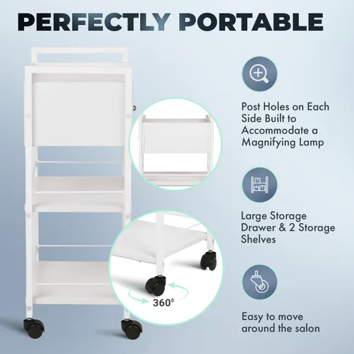Miniatura 4 de Buy-Rite Jenny Trolley Carrito de 3 niveles para spas, esteticistas y salones, organizador de madera blanca con cajón, estantes abiertos, agujeros