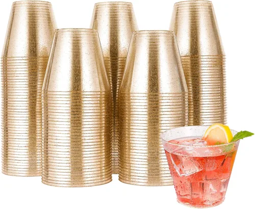 JOLLY CHEF Paquete de 200 vasos de plástico con purpurina de 9 onzas, vasos dorados desechables, vasos de plástico transparente para boda, Acción de