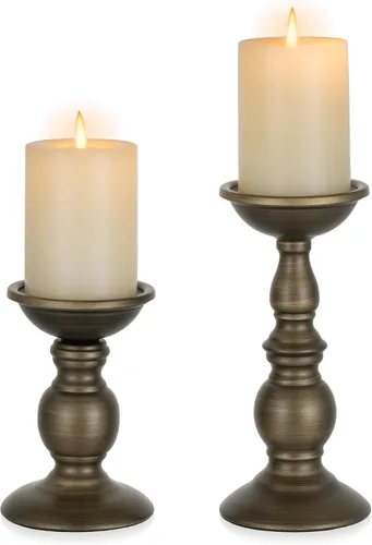 Miniatura 16 de Nuptio Portavelas negro para velas de pilar - Juego de 2 portavelas rústicos Soporte de velas de metal alto Portavelas de pilar retro de otoño
