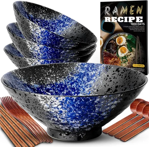 Miniatura 10 de Juego de 2 cuencos de cerámica para ramen de 8 pulgadas (9 piezas) – Tazones grandes de porcelana japonesa para ensalada, fideos, cereales, frutas