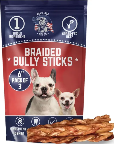 Devil Dog Pet Co. Palitos Bully Trenzados para Perros – Paquete de 3 Golosinas Masticables de 6 Pulgadas, 100% Naturales, de un Solo Ingrediente, de