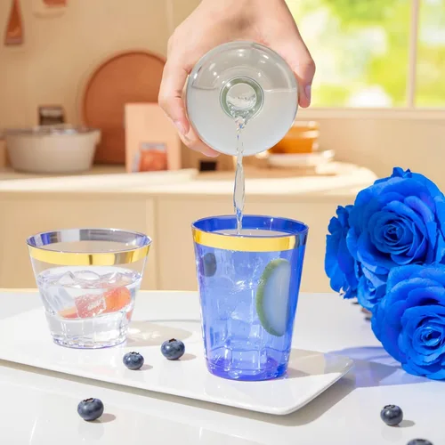 Miniatura 8 de Supernal 100 piezas de vasos de plástico azules, vasos desechables transparentes azules claros de 10 onzas con borde dorado, vasos de plástico