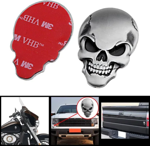 Miniatura 2 de Calcomanía 3D con emblema de calavera de hueso cromado con logotipo, guardabarros, automóvil, motocicleta (ojos negros plateados, paquete de 2)